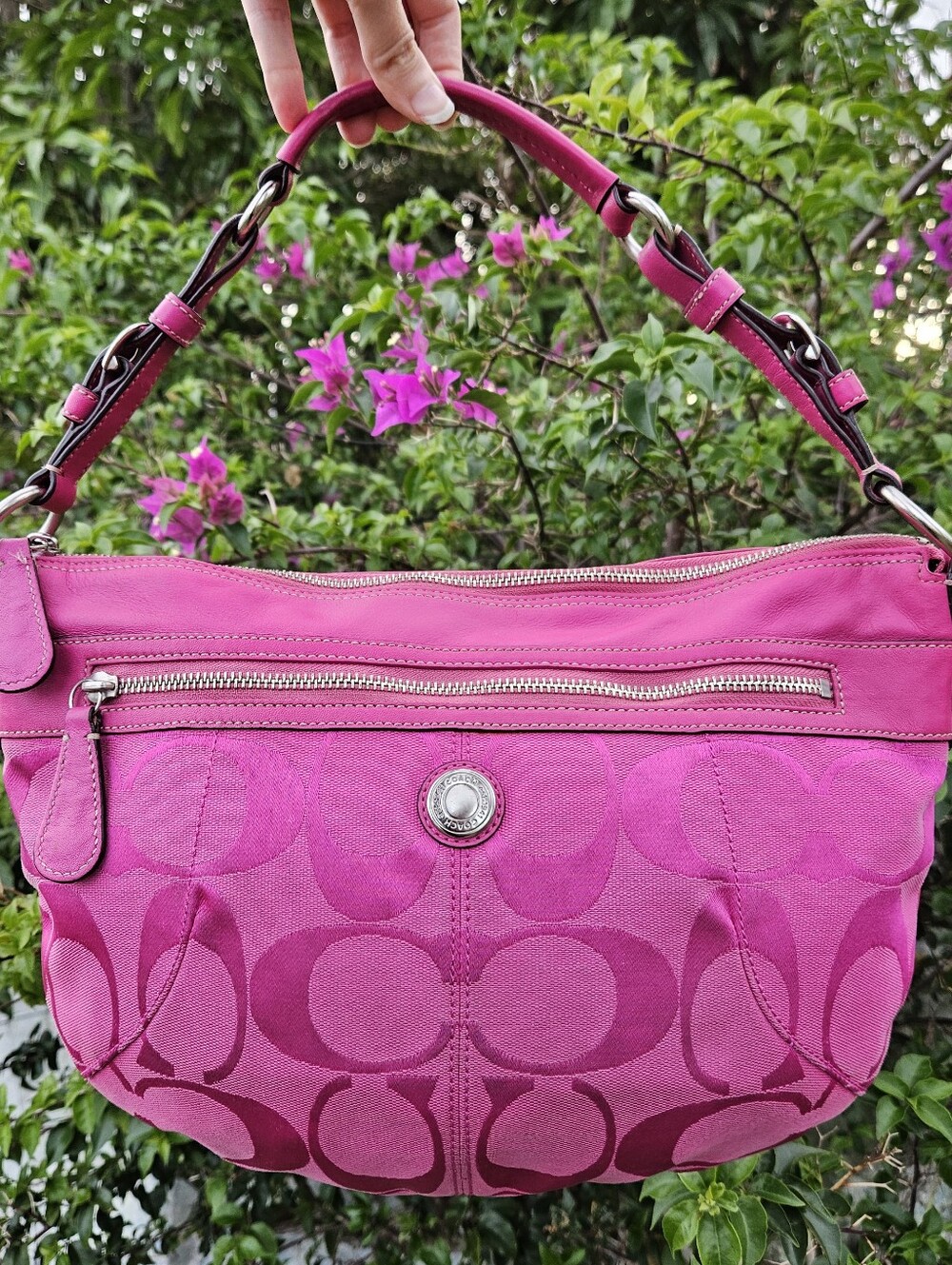 Coach F14938 Laura Signature Pink Jacquard Shoulder Bag Hot Pink Y2K Leather